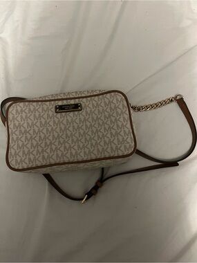 Michael Kors Cream Signature MK Monogram Crossbody with Tan Trim